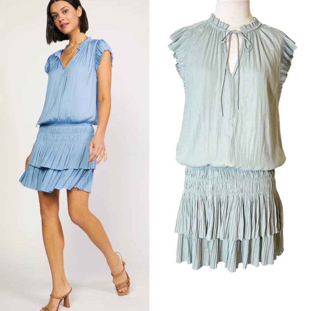 NWT Current Air zoey pleat tiered mini dress blue green sz M light sky blue